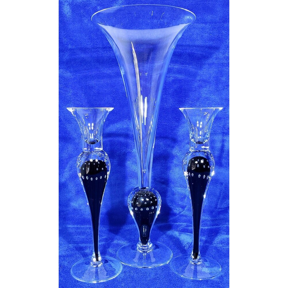 Beautiful Signed Clear Controlled Bubble Glass Trumpet Vase & Candle Holders
